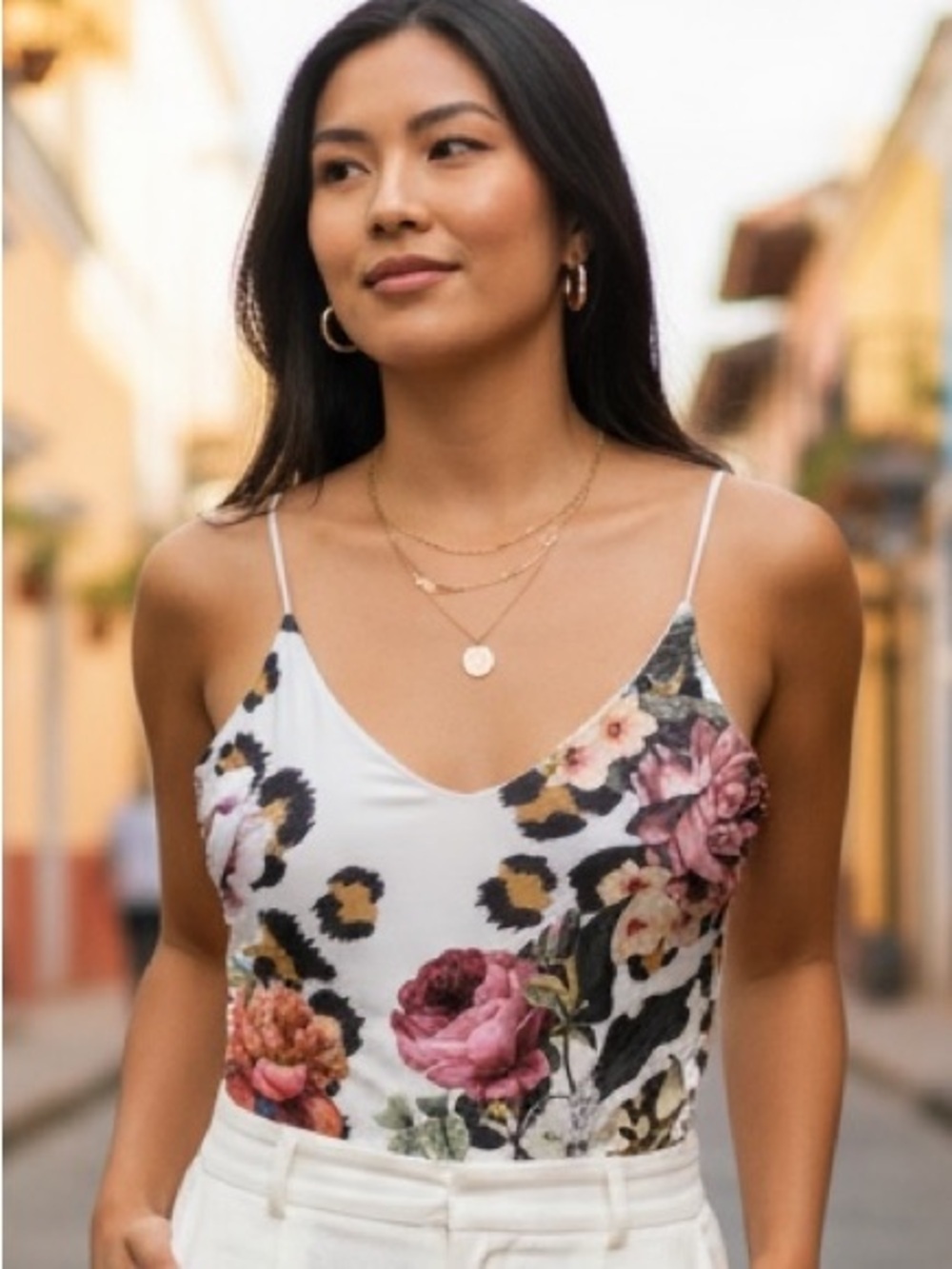 Floral Leopard Print Bodysuit in White Multi